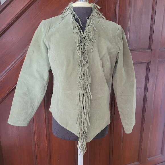 Vintage Dialogue Green Leather Fringe Jacket XS - Picture 1 of 5